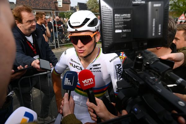 Mathieu van der Poel talks to the media at the finish of Amstel Gold Race