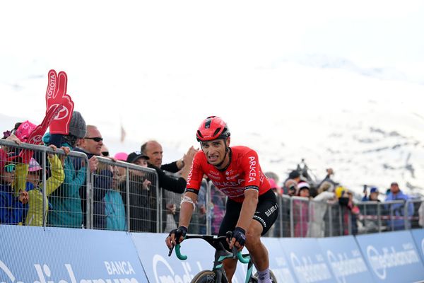 Jenthe Biermans comes across the line to finish stage 15 of the Giro d'Italia