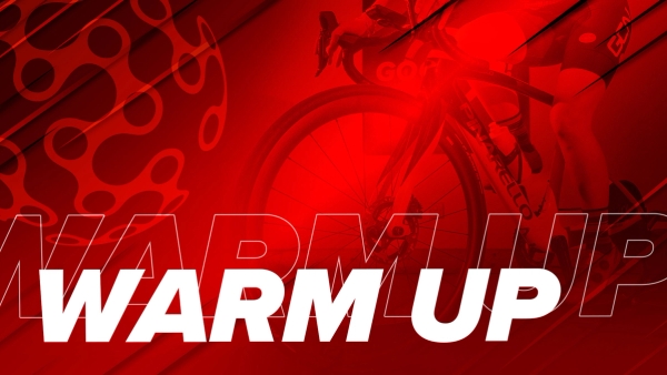 'warm up' text on a pinarello bike background with red overlay