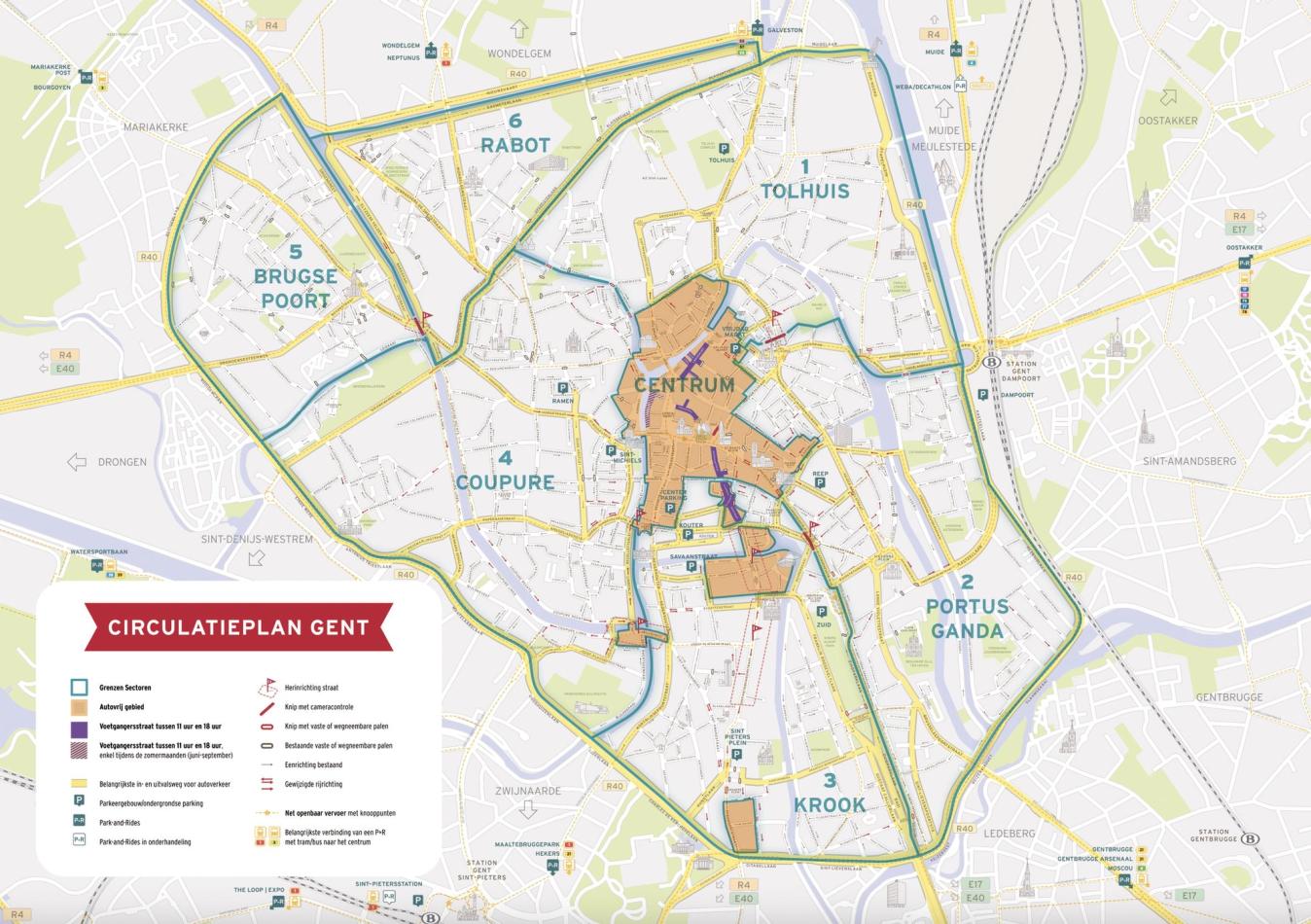 Gent's circulation plan: cars must use the ringroad to move between zones
