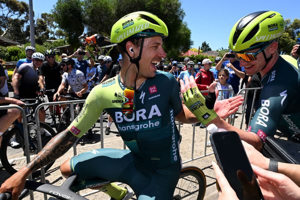 Sam Welsford and Ryan Mullen celebrate after stage 3 of the Tour Down Under