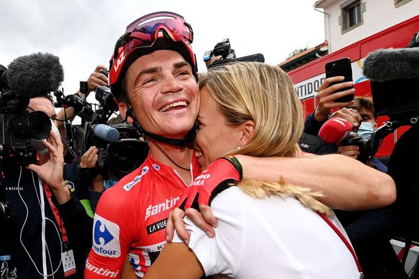 Sepp Kuss celebrates with his family after stage 20 of the Vuelta a España