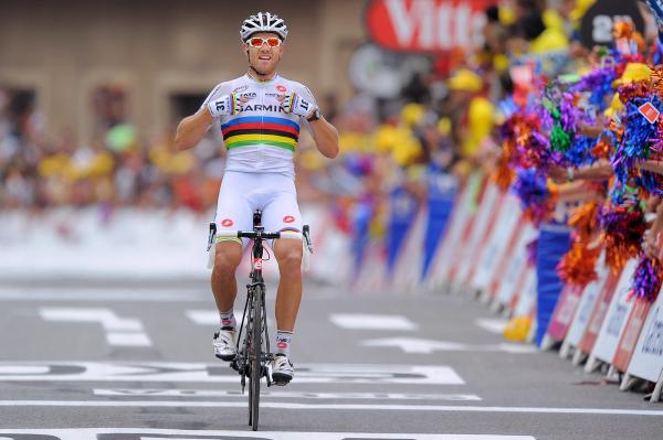 Thor Hushovd won the World Championship Road Race in 2010 and was resplendent in his rainbow jersey at the 2011 Tour de France