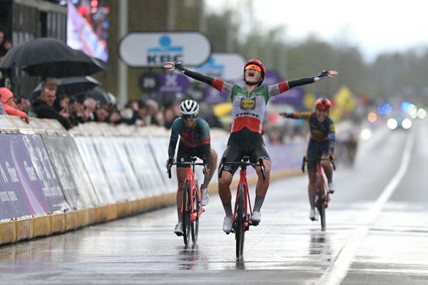 Elisa Longo Borghini celebrates victory at the Tour of Flanders