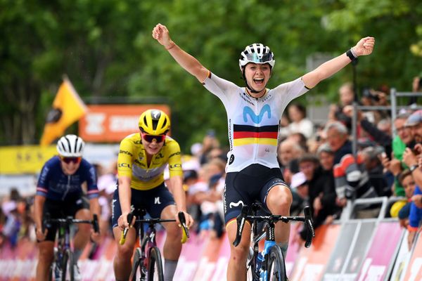 Liane Lippert celebrates victory on stage 2 of the Tour de France Femmes