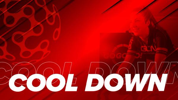 'COOL DOWN' text on a background with GCN training cyclist with a red overlay