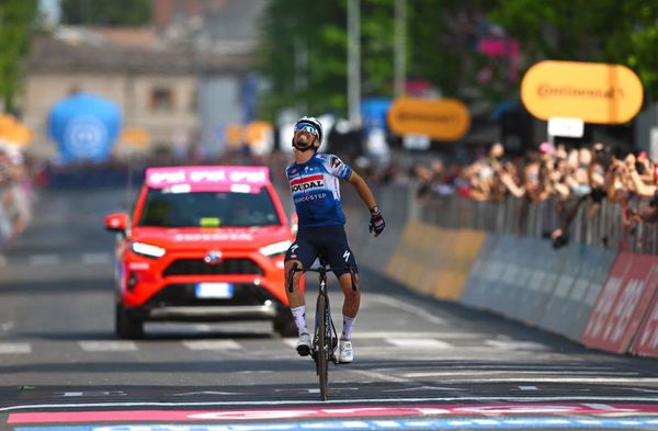 Julian Alaphilippe celebrates victory on 12 of the Giro d'Italia