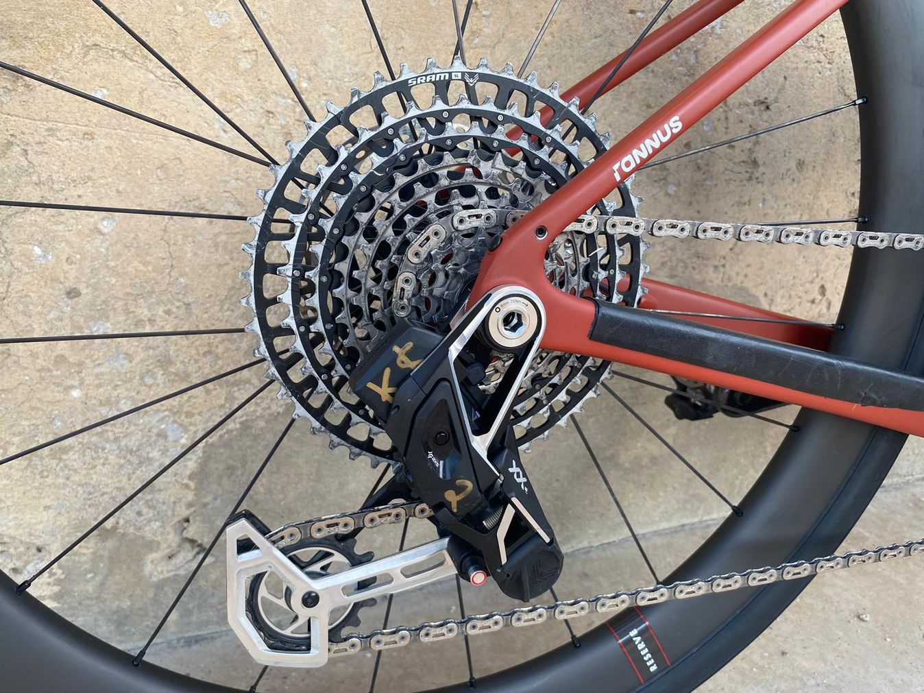 The rear SRAM Transmission that is compatible with Swenson's bike. Most gravel bikes are not UDH (Universal Derailleur Hanger) compatible at this juncture