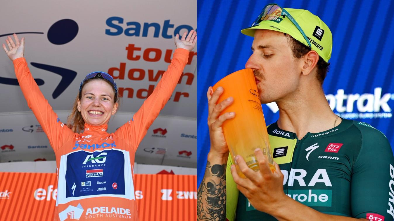 Sarah Gigante (left) and Sam Welsford (right) had plenty to celebrate from the Santos Tour Down Under