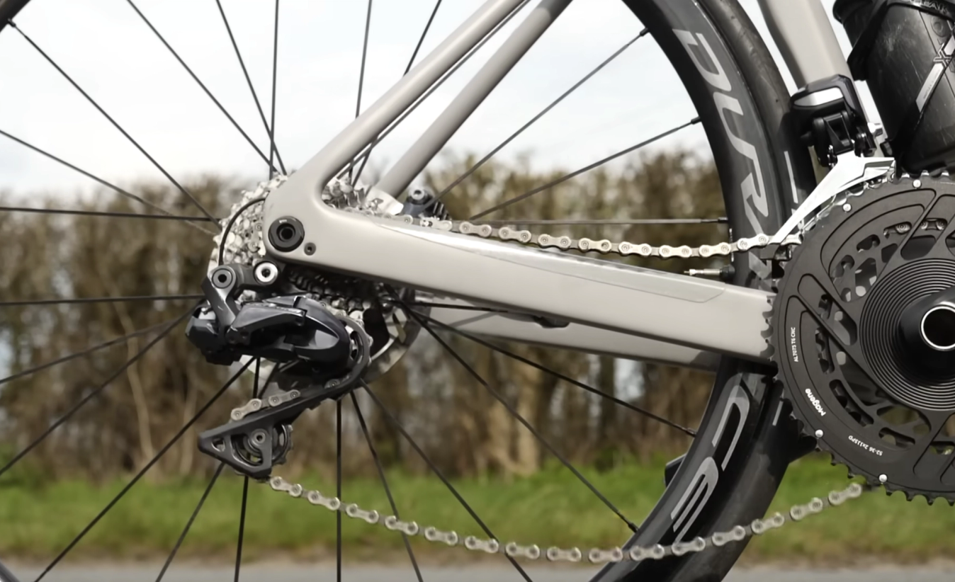 The chain is under a lot less tension in the small ring – not ideal on rough surfaces