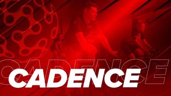 'Cadence' text over an image of cyclists training in the gym with a red overlay