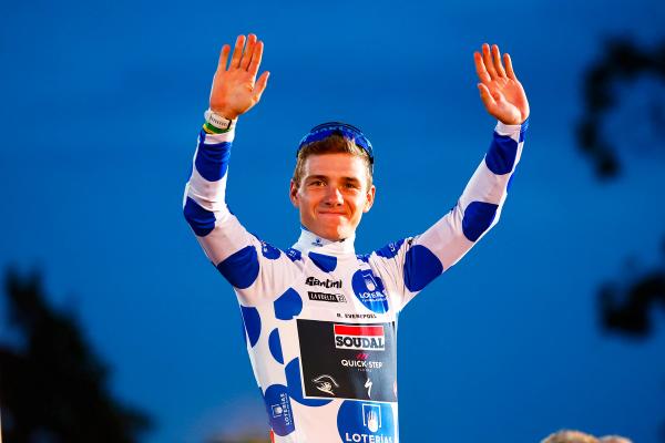 Remco Evenepoel on the podium as winner of the mountains classification at the Vuelta a España
