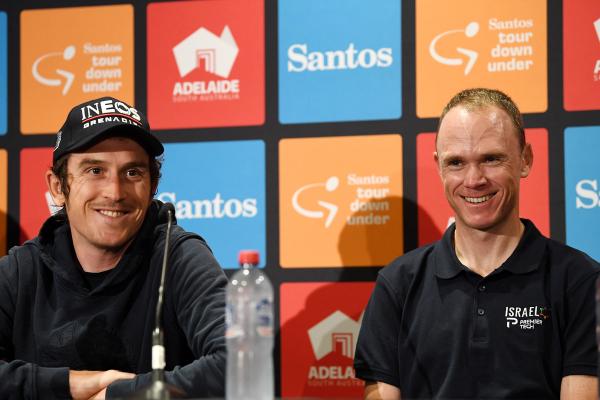 Geraint Thomas (left) and Chris Froome (right) share a moment of laughter at the Santos Tour Down Under