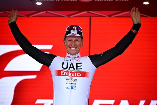 Pascal Ackermann (UAE Team Emirates) on the podium after his stage 11 win at the Giro d'Italia
