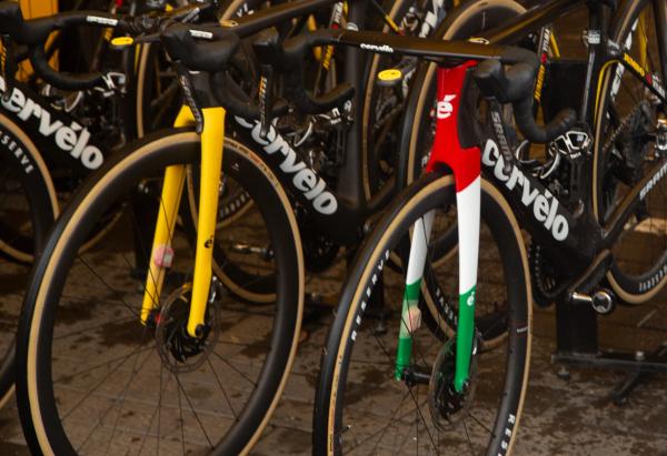 Attila Valter's specially-designed Hungarian champion Cervélo stands out from the crowd at Jumbo-Visma