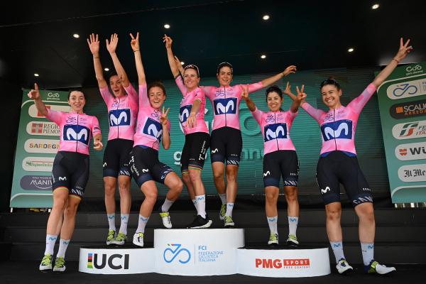 Annemiek van Vleuten and her Movistar team celebrate their second Giro d'Italia Donne win in a row