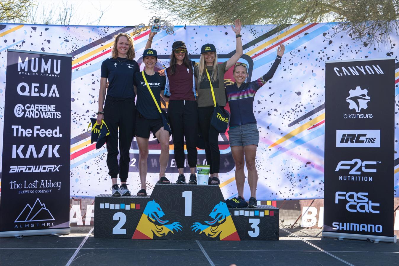 The first five finishers squeeze onto the podium of Big Waffle Ride Arizona 