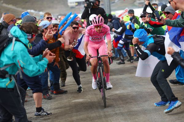 Tadej Pogačar is cheered on by the tifosi on stage 15 of the Giro d'Italia