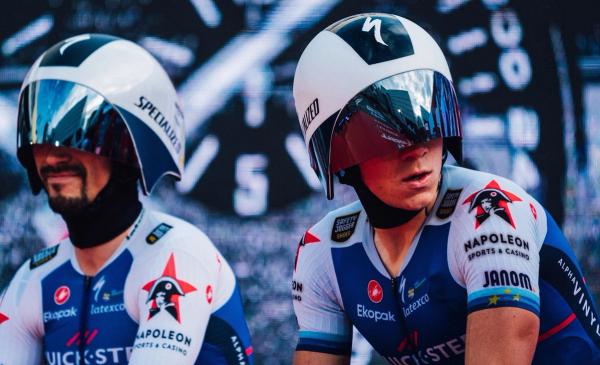 Remco Evenepoel (right) in the soon to be banned head sock