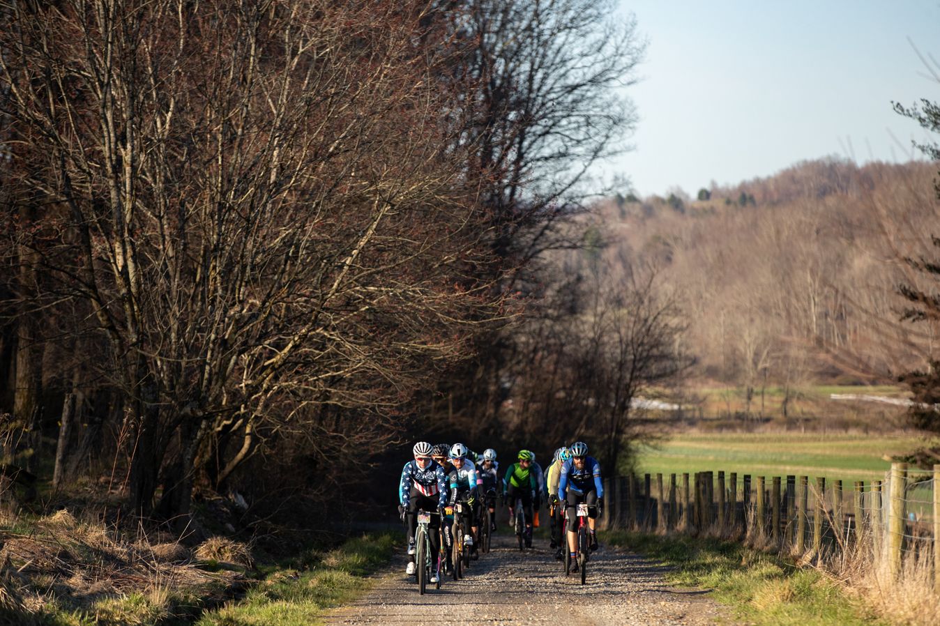 The peloton takes on the gravel roads of Floyd County, Virginia at the Appalachian Journey