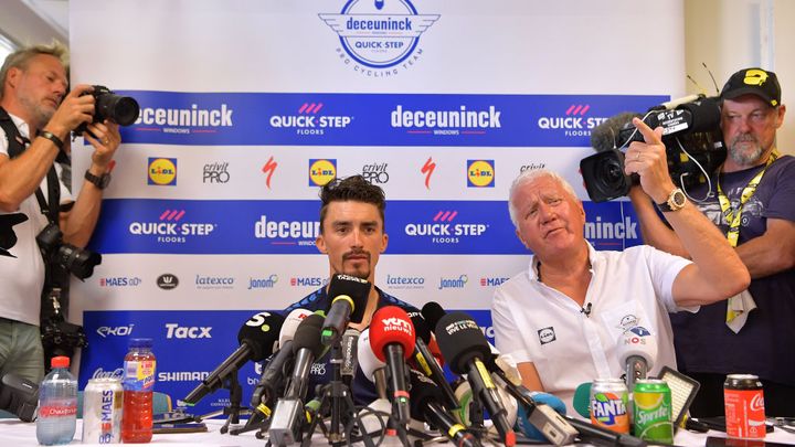 Patrick Lefevere (right) with Julian Alaphilippe at the 2019 Tour de France