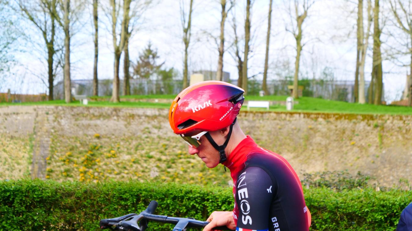 The unreleased Kask helmet covers most of the riders ears with a silhouette closer in style to a TT helmet