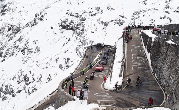 The famous hairpins of the Stelvio Pass with snow all around
