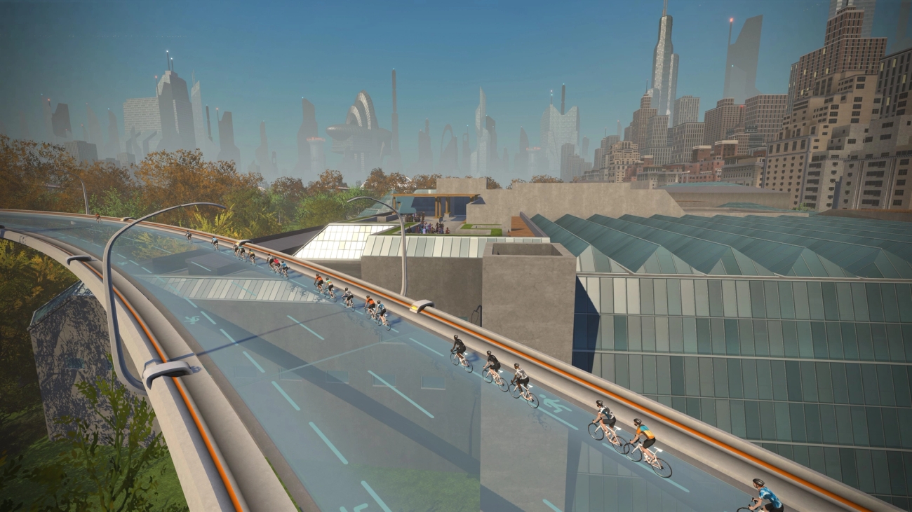The New York world is set in the future with roads weaving between skyscrapers 