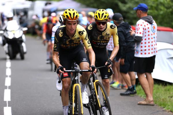Sepp Kuss leads Jonas Vingegaard up the final climb of stage 5 at the Tour de France