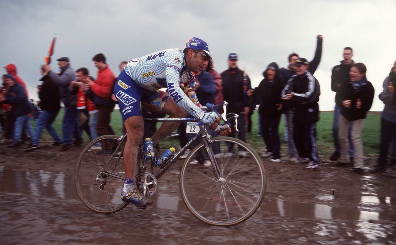 On a particularly wet and muddy edition of Paris-Roubaix, thin tyres were the norm until the 2010s