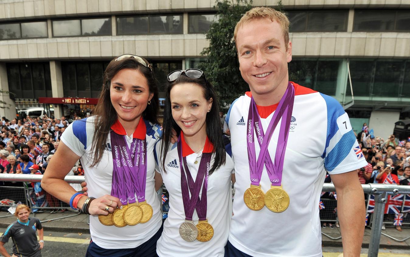 British cyclists Chris Hoy, Victoria Pendleton and Sarah Storey receive heroes welcome in London