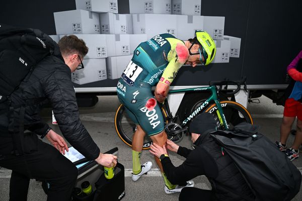 Marco Haller gets patched up after his crash on stage 1 of the Volta ao Algarve