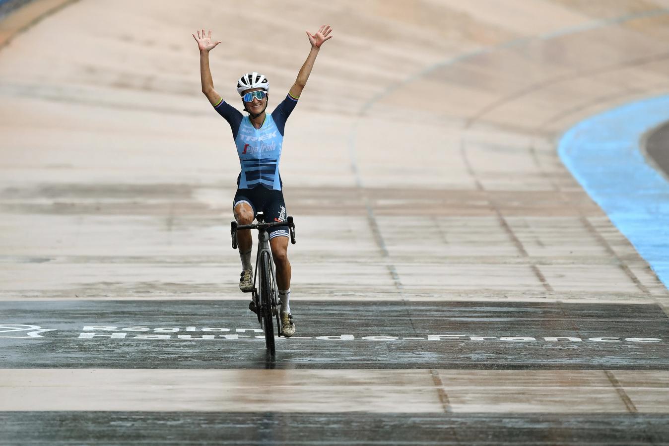 Lizzie Deignan crosses the line on the iconic Roubaix Velodrome and writes her name into the race’s history books as its first ever female winner.