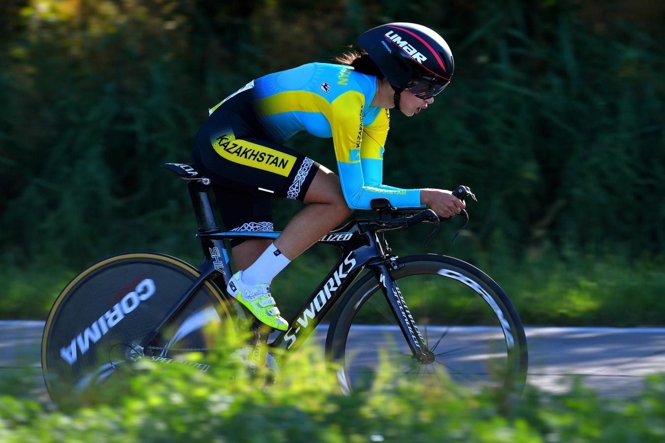 Bota Batyrbekova competes at the UCI Road World Championships in 2021