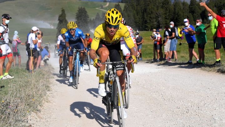 Primož Roglič wearing the yellow jersey at the 2020 Tour de France
