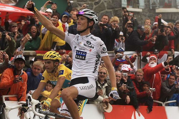 Andy Schleck celebrates a stage win at the Tour de France in 2010