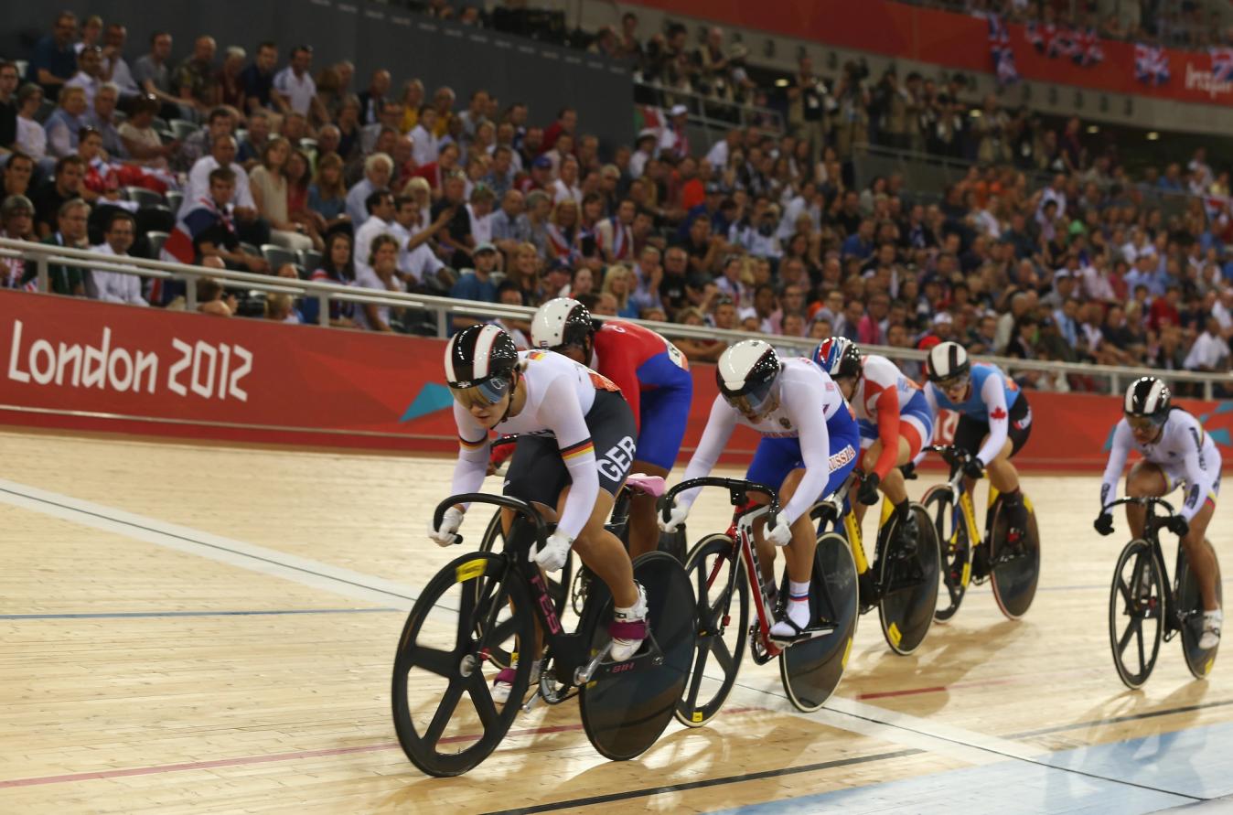 Kristina Vogel leads the field at the London 2012 Keirin