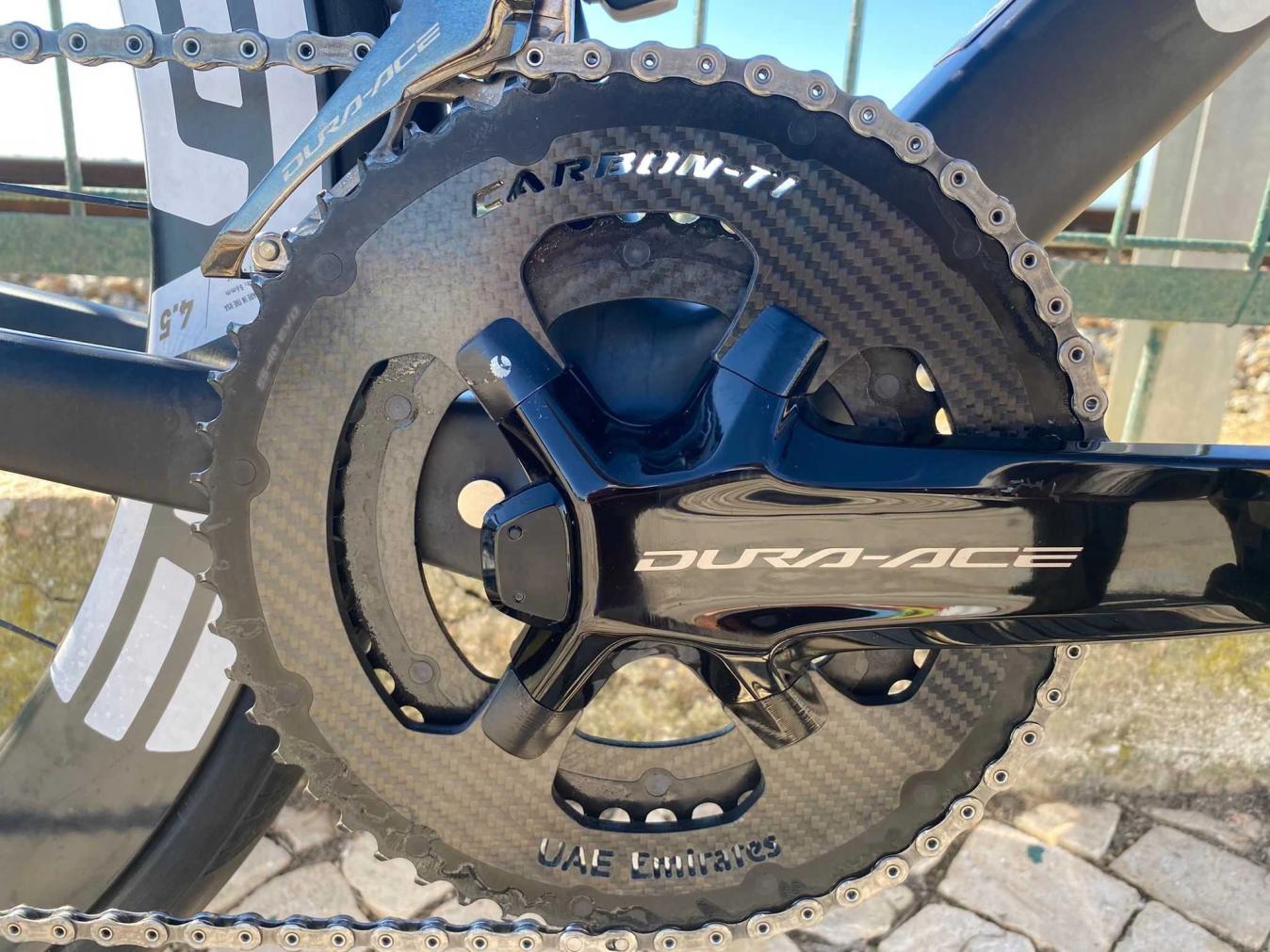 Carbon-Ti chainrings were swapped in for the stock Shimano Dura-Ace options