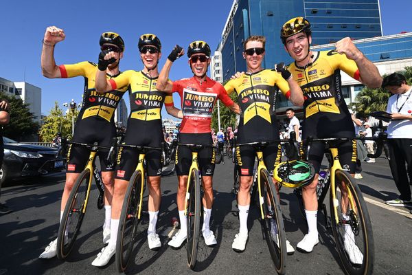Jumbo-Visma riders celebrate their success on the final stage of the Tour of Guangxi