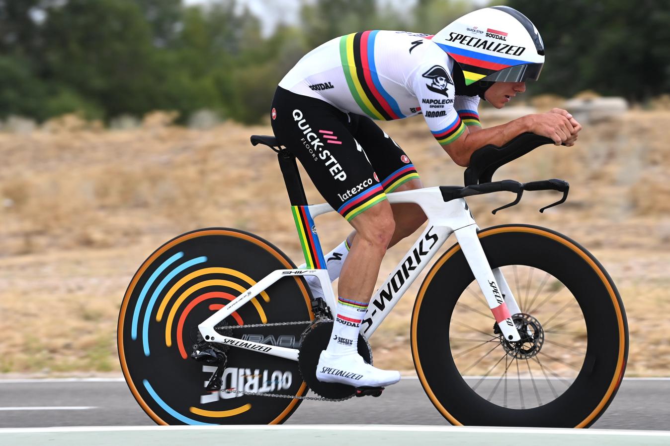 The typical transponder location on the fork leg of Remco Evenepoel's Specialized Shiv TT 