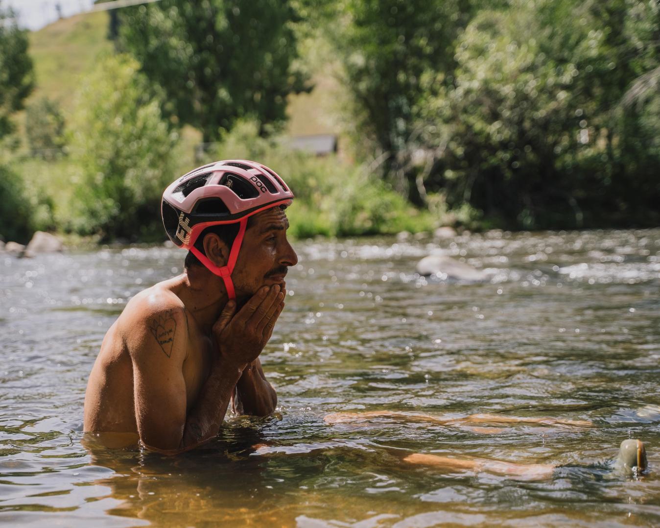 Lachlan Morton found the river to cool off after his race