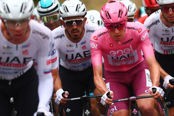 Tadej Pogačar and his multi-coloured skinsuit on stage 3 of the Giro d'Italia