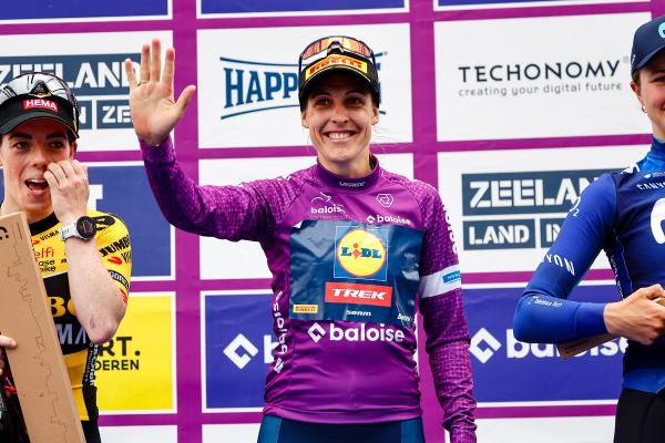 Lucinda Brand (Lidl-Trek) on the podium after winning the overall at the Baloise Ladies Tour