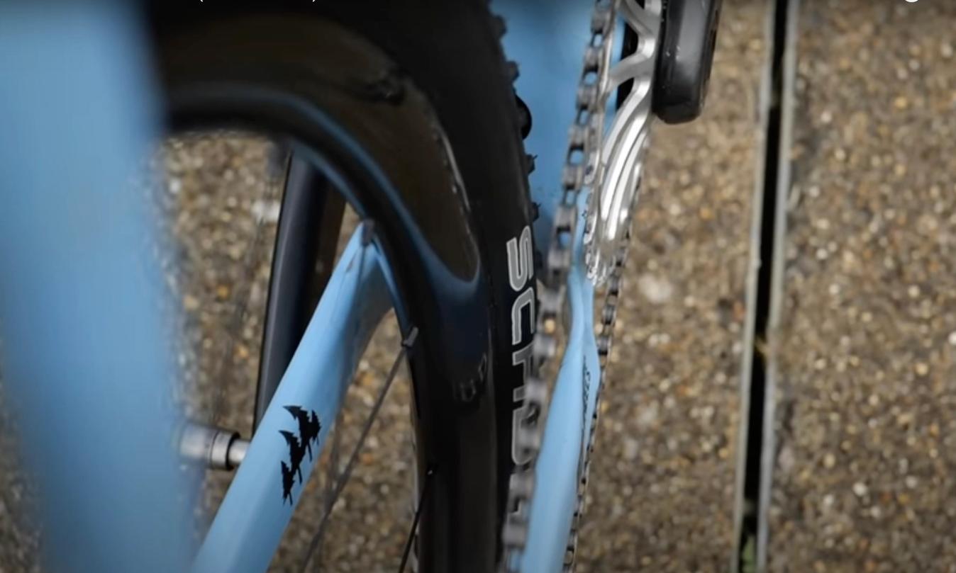 The driveside chainstay is incredibly thin between the tyre and chainring to allow for a really compact rear triangle.