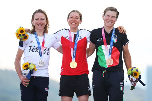 The podium from the women's race at the 2020 Olympic Games in Tokyo