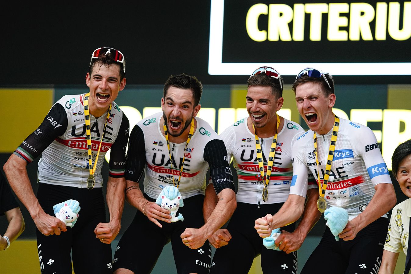 UAE Team Emirates celebrate winning the team time trial event at the Tour de France Prudential Singapore Criterium 