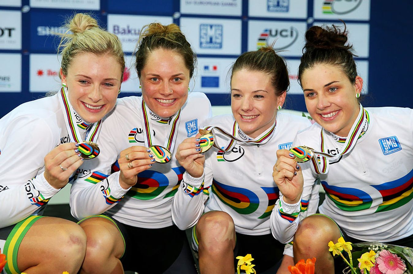 Melissa Hoskins (far right) after winning her world title on the track