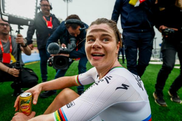 Lotte Kopecky soaks in the moment, just minutes after crossing the line to win her first Paris-Roubaix Femmes title
