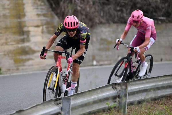 Tadej Pogačar chases down an attack from Mikkel Honoré on stage 3 of the Giro d'Italia