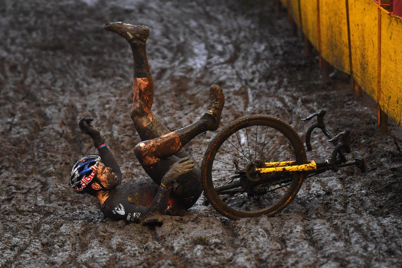 Even knobbly ‘cross tyres can lose their grip on the muddy chutes that riders are often faced with